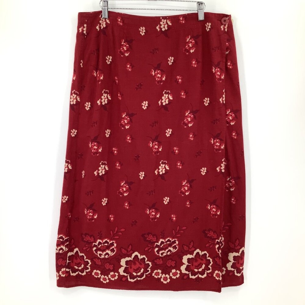 Eddie Bauer Red Floral Wrap Skirt Petite 18 Button Closure 100% Linen Vintage Y2